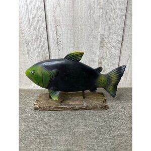 Hand-Painted Green Black Chalkboard Fish Sculpture On Rustic Driftwood Base